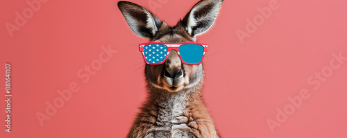 Portrait of a kangaroo wearing sunglasses with an American flag design featuring stars and stripes on a light background with space for text.