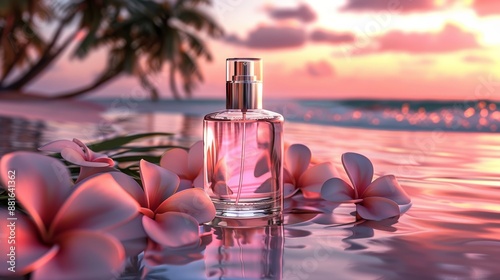 Fototapeta Naklejka Na Ścianę i Meble -  A bottle of perfume on a beach at sunset with palm trees and flowers.