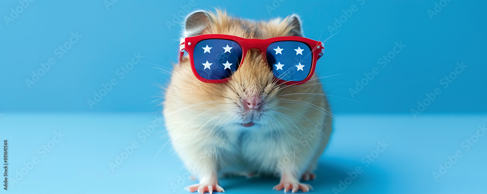 Portrait of a hamster wearing sunglasses with an American flag design featuring stars and stripes on a light background with space for text.