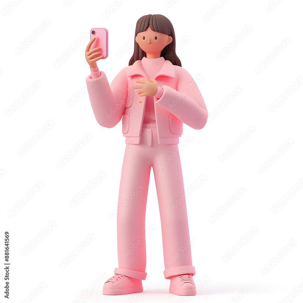  3D pretty cartoon young girl standing, using cell phone or taking a selfie, isolated on white background