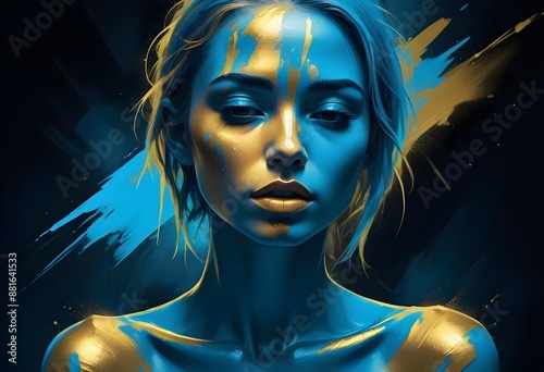 Wallpaper Mural Portrait of a beautiful woman smiling to the camera, artwork, painting, blonde, short hairs, blue and yellow body paint on her face Torontodigital.ca