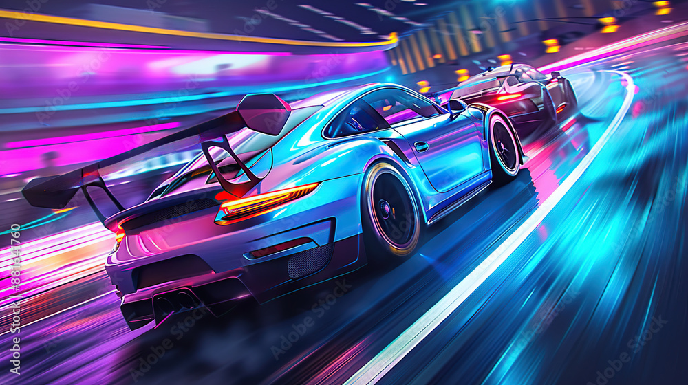 A movie shot of a speeding car racing under neon lights A movie shot of a speeding car racing under neon lights