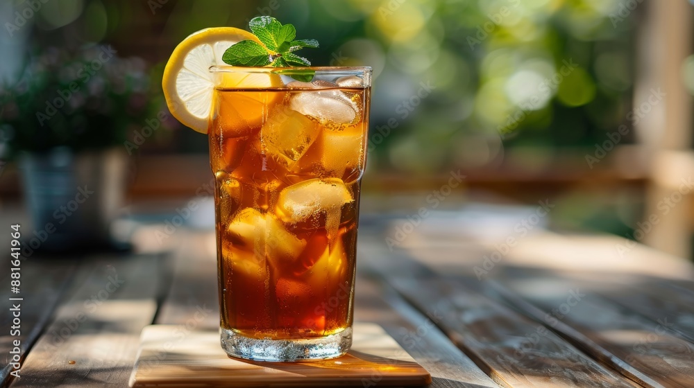 iced tea with a sprig of mint and a lemon wedge. iced tea with a sprig of mint and a lemon wedge.