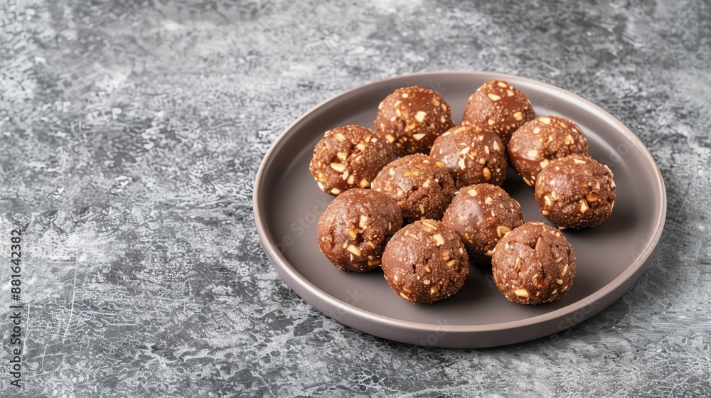 Close-up of a bowl filled with pink energy balls on a gray background. Close-up of a bowl filled with pink energy balls on a gray background.