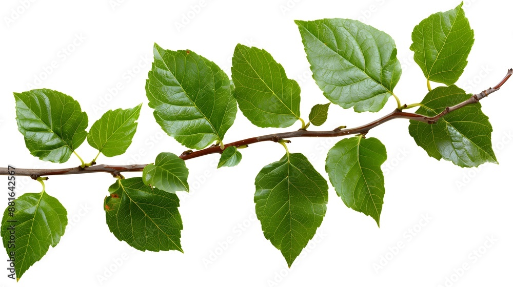 Branch with Fresh Green Leaves on White Background