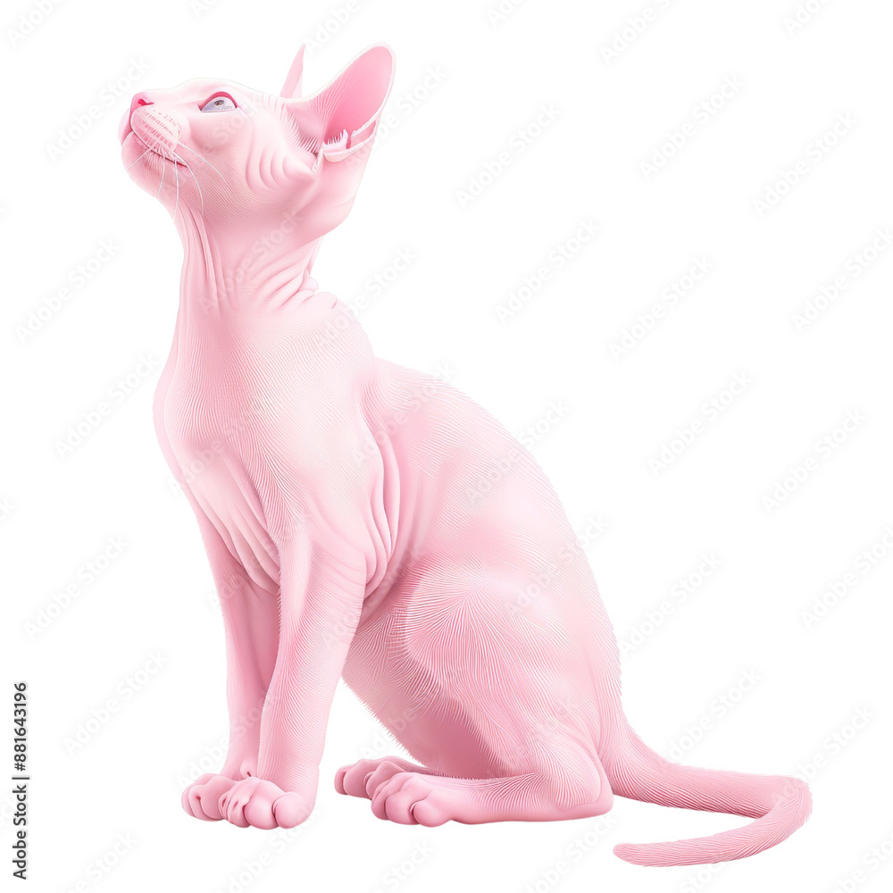 Pink Sphynx cat sitting and looking up with large ears and smooth skin ...