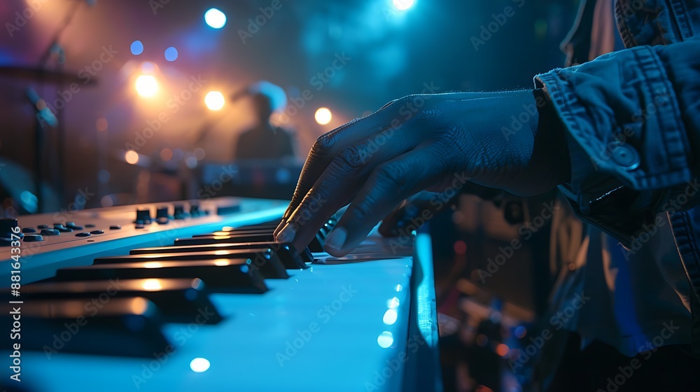 Shallow angle of field captured on a musicians keyboard hand during a performance