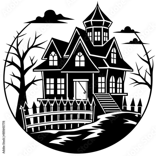 Halloween Haunted house silhouette, scene of ghost mansion. Vector illustration