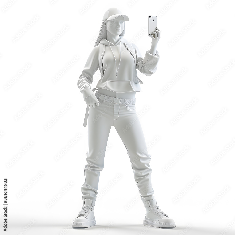 White 3d model rendering of pretty woman with cell phone isolated on white background	