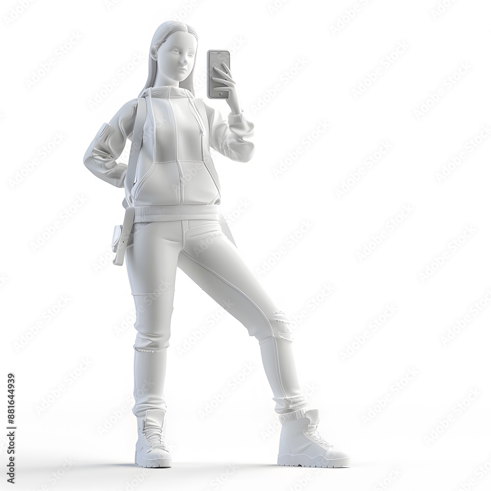 White 3d model rendering of pretty woman with cell phone isolated on white background White 3d model rendering of pretty woman with cell phone isolated on white background