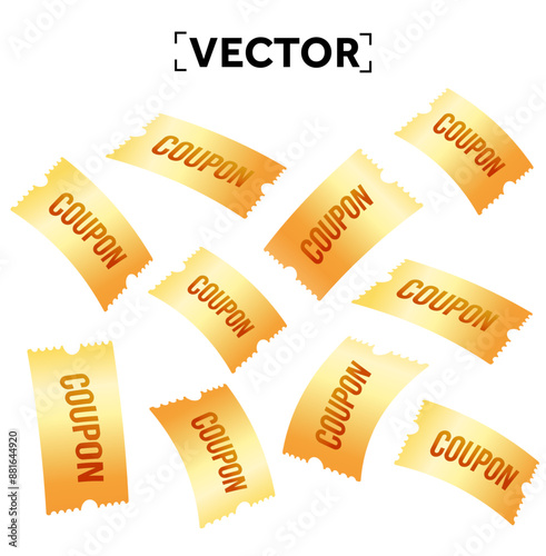 3d flying golden coupons with coupon code, isolated on white background. Rain of yellow coupons. 3d Vouchers for special promotion, price off event. Vector illustration. Vector illustration