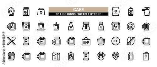 36 Cafe Line Icons Set Pack Editable Stroke Vector Illustration.
