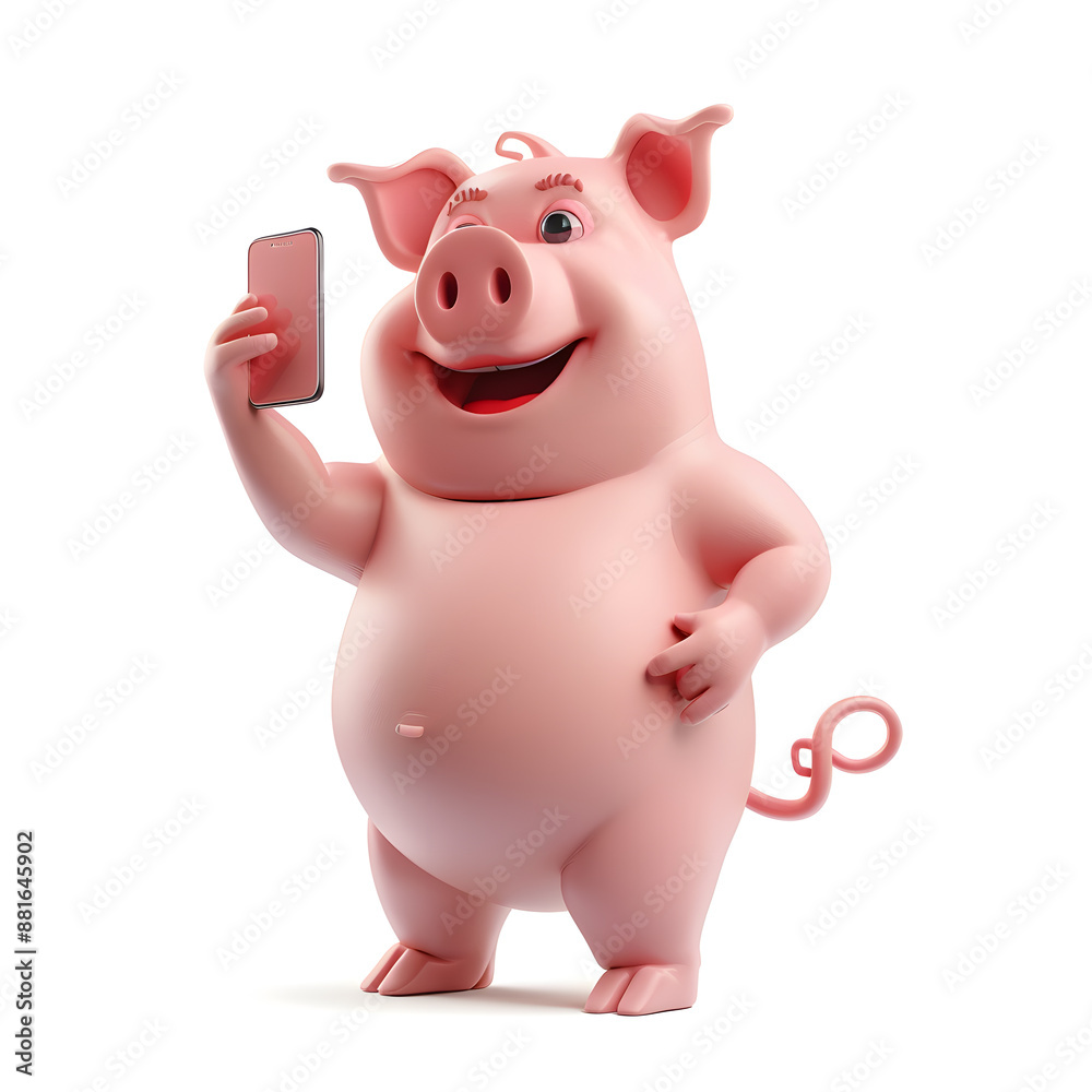 3d cartoon character pig with cell phone isolated on white background
