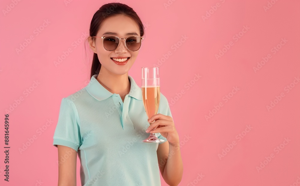 Portrait of happy beautiful asian woman with glass champagne isolated on pink background, young female model in polo shirt and sunglasses holding wine or beer cup smiling at camera, copy space for adv Portrait of happy beautiful asian woman with glass champagne isolated on pink background, young female model in polo shirt and sunglasses holding wine or beer cup smiling at camera, copy space for adv
