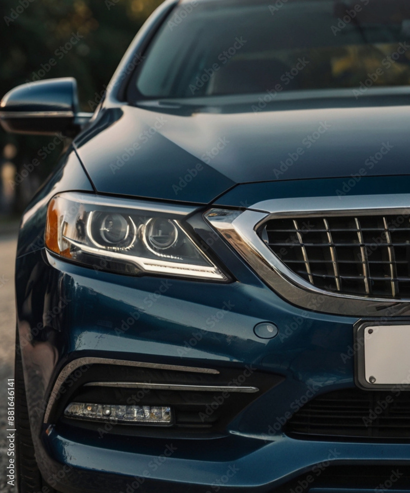 New luxury car front with shining headlights and chrome details New luxury car front with shining headlights and chrome details