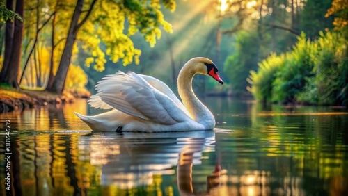 Fototapeta Naklejka Na Ścianę i Meble -  Majestic white swan with delicate feathers and orange beak swims serenely in a tranquil lake surrounded by lush greenery landscape.