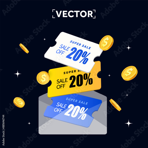 3d coupons in different color with coupon code, percentage off, golden coins flying up from an envelope, isolated on dark background. Discount vouchers for black Friday banner template. 3d vector