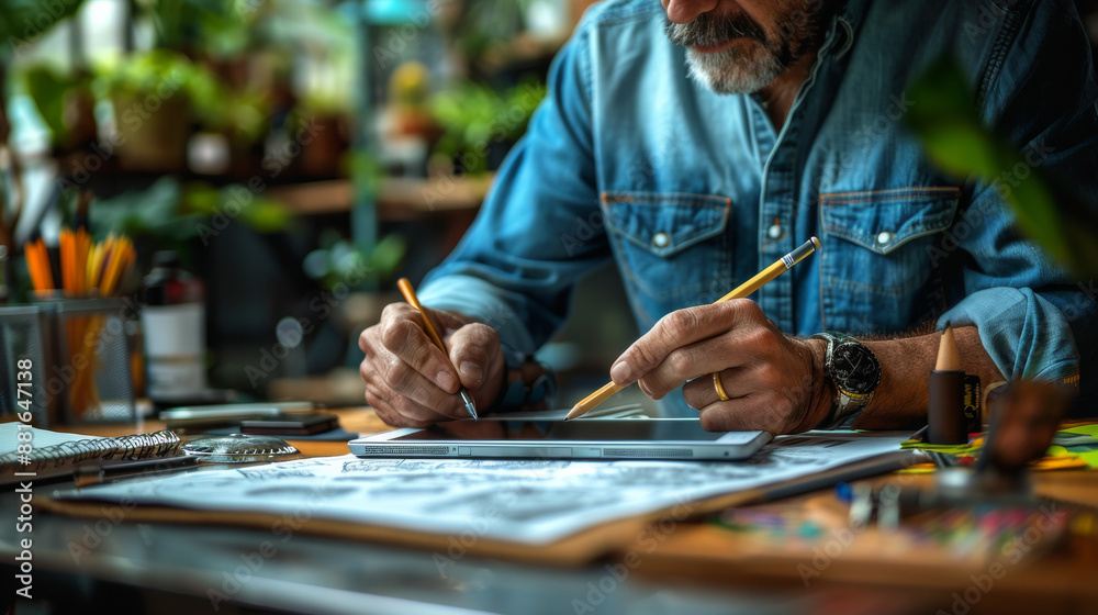 Creative designer man working on a tablet in his cozy studio surrounded by sketches and design tools to increase his creativity and work efficiency Creative designer man working on a tablet in his cozy studio surrounded by sketches and design tools to increase his creativity and work efficiency