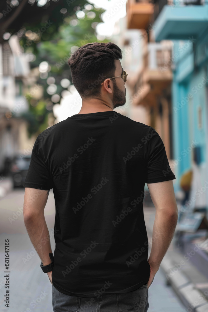 Back view of a young arabic man wearing an all black crewneck mockup tshirt with copy space Back view of a young arabic man wearing an all black crewneck mockup tshirt with copy space