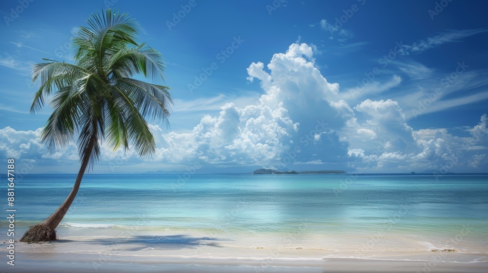 coconut tree with tropical beach with cloudy times. Creative banner. Copyspace image coconut tree with tropical beach with cloudy times. Creative banner. Copyspace image