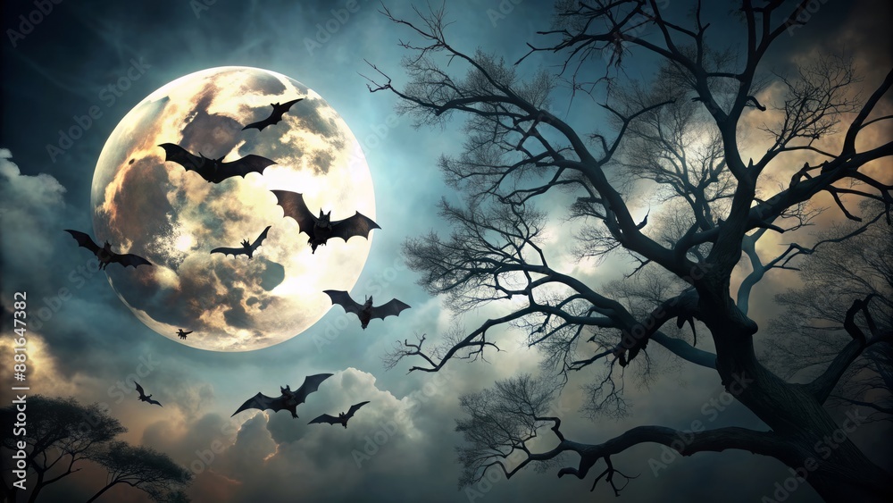 Dark silhouette of bats in flight against full moon, eerie misty Halloween night atmosphere, and haunted tree branches, isolated. Dark silhouette of bats in flight against full moon, eerie misty Halloween night atmosphere, and haunted tree branches, isolated.
