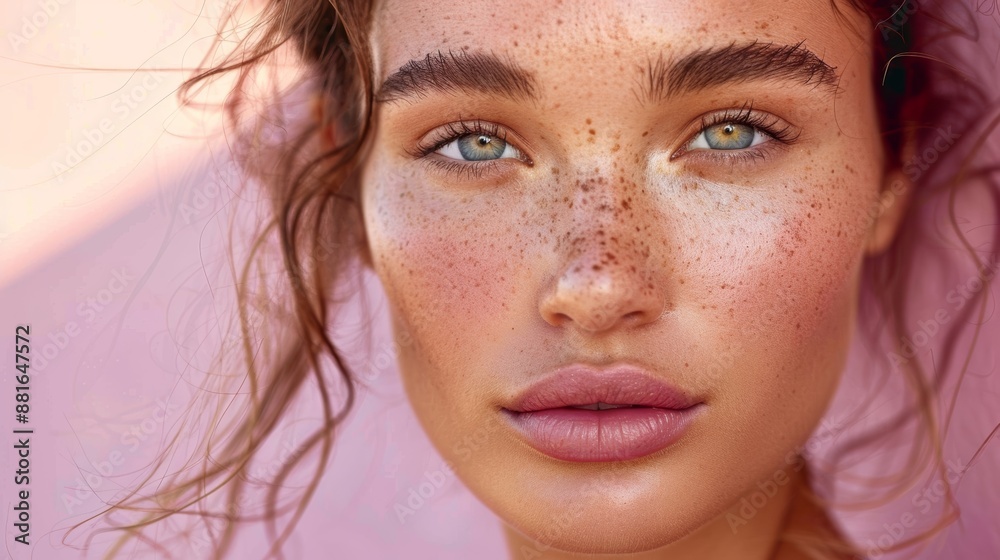 woman with clear healthy face skin captured in soft morning light with a pastel purple background copy space woman with clear healthy face skin captured in soft morning light with a pastel purple background copy space