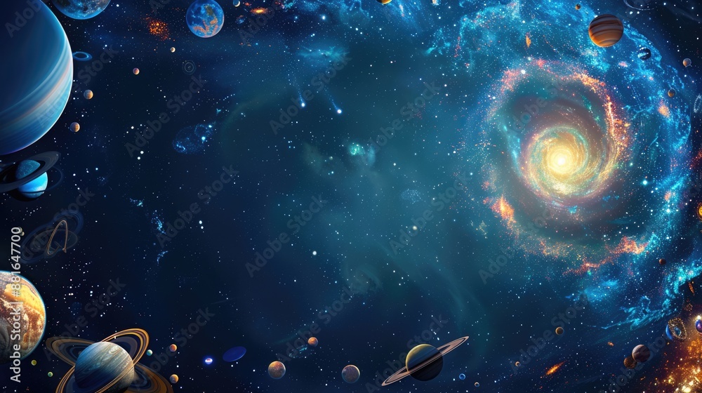 Spiral galaxy, planets and stars in the deep Universe. Cosmic theme with nebulae in the starry sky, copy space Spiral galaxy, planets and stars in the deep Universe. Cosmic theme with nebulae in the starry sky, copy space