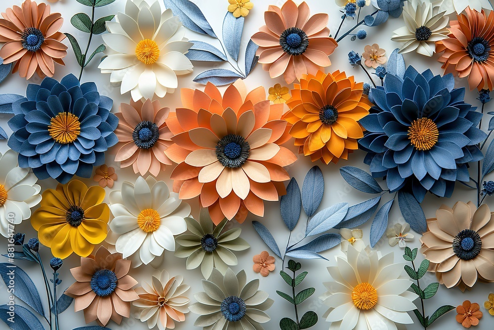 A colorful bouquet of flowers is arranged in a pattern on a white background A colorful bouquet of flowers is arranged in a pattern on a white background