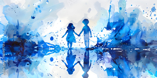 Wallpaper Mural  A Vibrant Watercolor Painting of Two Children Holding Hands with Splashes of Blue, Celebrating Friendship, Imagination, and the Joy of Childhood Torontodigital.ca