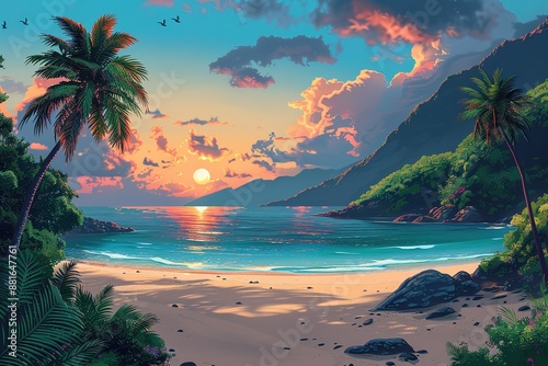 Fototapeta Naklejka Na Ścianę i Meble -  A beautiful beach scene with a sunset in the background