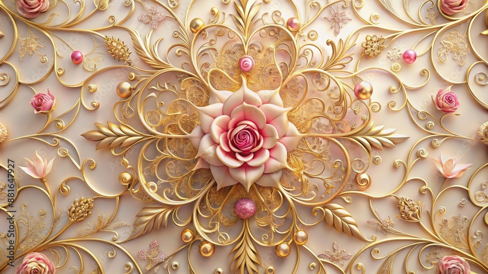 Delicate pink and gold ornate filigree pattern resembling a rose motif, set against a soft, creamy, iridescent illustration background. Delicate pink and gold ornate filigree pattern resembling a rose motif, set against a soft, creamy, iridescent illustration background.