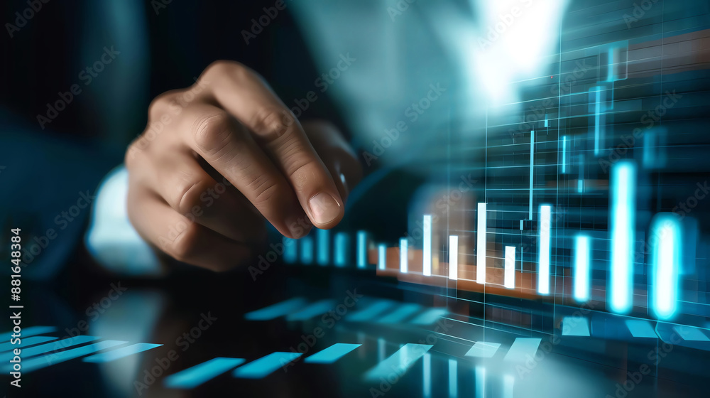 Close-up of a businessperson analyzing data graph on a digital screen, illustrating financial growth, market analysis, and business strategy. Close-up of a businessperson analyzing data graph on a digital screen, illustrating financial growth, market analysis, and business strategy.