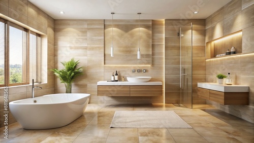 Sleek beige porcelain tiles adorn a minimalist bathroom wall, exuding serenity and spaciousness in a tranquil, clutter-free atmosphere. © Manatsavee