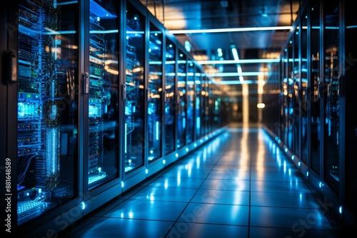 Data center corridor with rack servers and supercomputers displaying high internet visualization