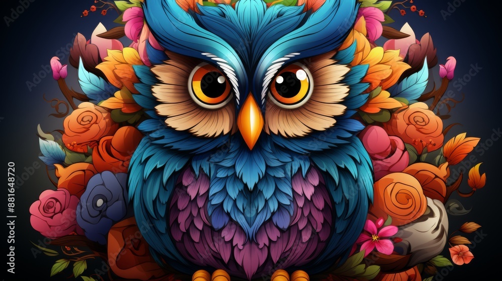 Fototapeta premium Vibrant Owl in a Floral Embrace