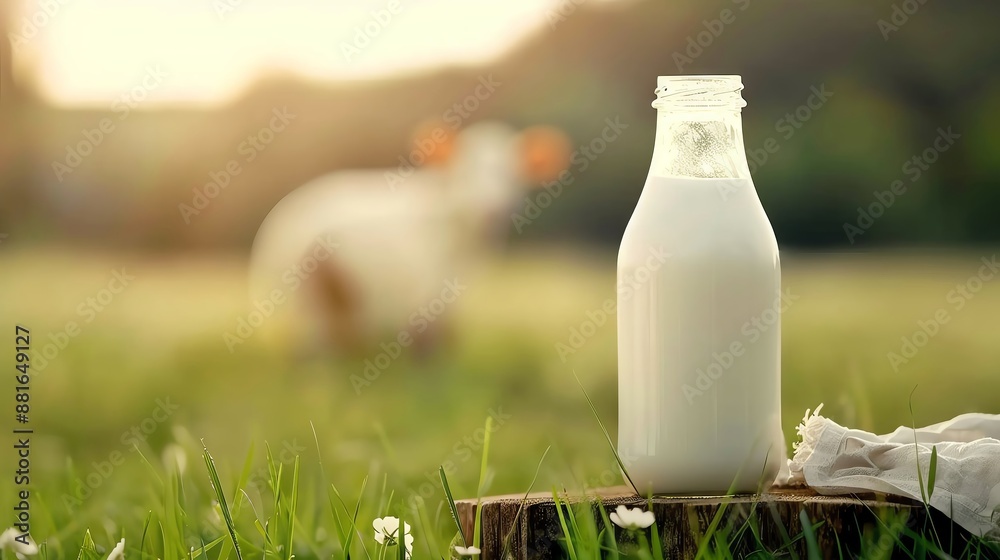 Milk bottle with empty space on a wooden platform in grassy setting and cow Milk bottle with empty space on a wooden platform in grassy setting and cow