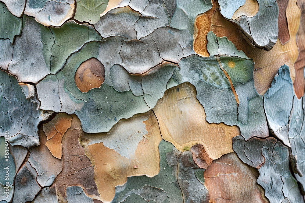 A close-up of the rough, multi-colored bark of an eucalyptus tree, with visible wood grain and intricate patterns, symbolizing natural beauty and diversity in nature. This stylish stock photo shows th A close-up of the rough, multi-colored bark of an eucalyptus tree, with visible wood grain and intricate patterns, symbolizing natural beauty and diversity in nature. This stylish stock photo shows th