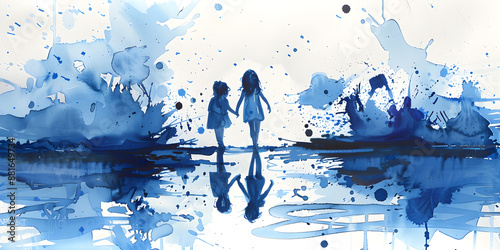 Wallpaper Mural  A Beautiful Watercolor Painting of Two Children Holding Hands in Blue Tones, Capturing the Essence of Friendship, Unity, and Playfulness Torontodigital.ca