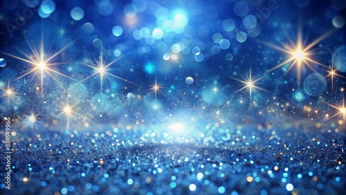 Vibrant blue abstract background overflowing with sparkling glitter particles and soft, blurred bokeh lights, evoking luxury and celestial beauty. © Manatsavee