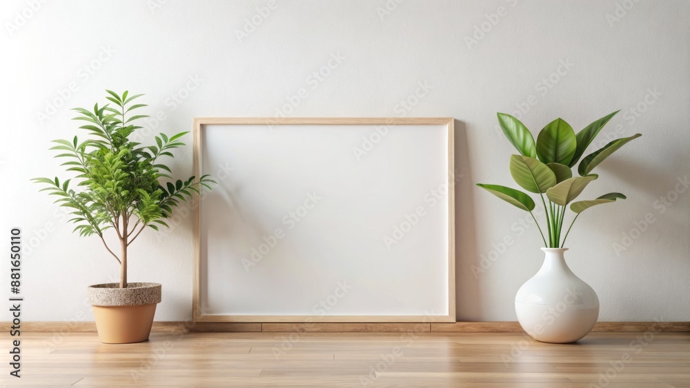 Minimalist white wall backdrop features trendy vase with lush green plant, empty horizontal frame awaiting artistic creation or decoration. Minimalist white wall backdrop features trendy vase with lush green plant, empty horizontal frame awaiting artistic creation or decoration.