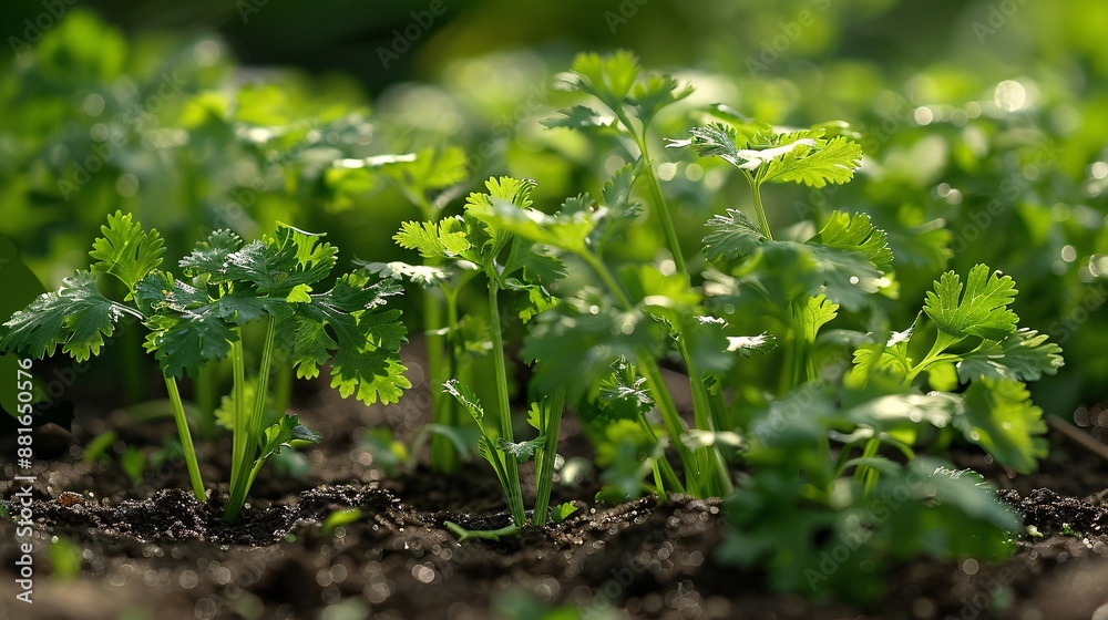 Close-up of fresh cilantro plants in a backyard garden, showcasing the intricate details of their leaves and the rich, healthy soil from which they grow.