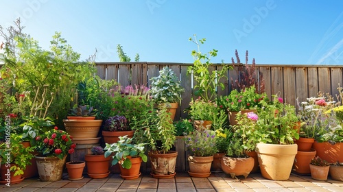 A picturesque patio garden with an array of potted plants, including herbs, succulents, and flowers, set against a backdrop of a wooden fence and a clear blue sky, symbolizing the charm of homegrown © Sinechana