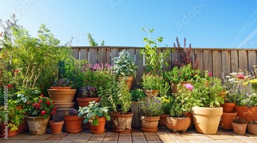 A picturesque patio garden with an array of potted plants, including herbs, succulents, and flowers, set against a backdrop of a wooden fence and a clear blue sky, symbolizing the charm of homegrown