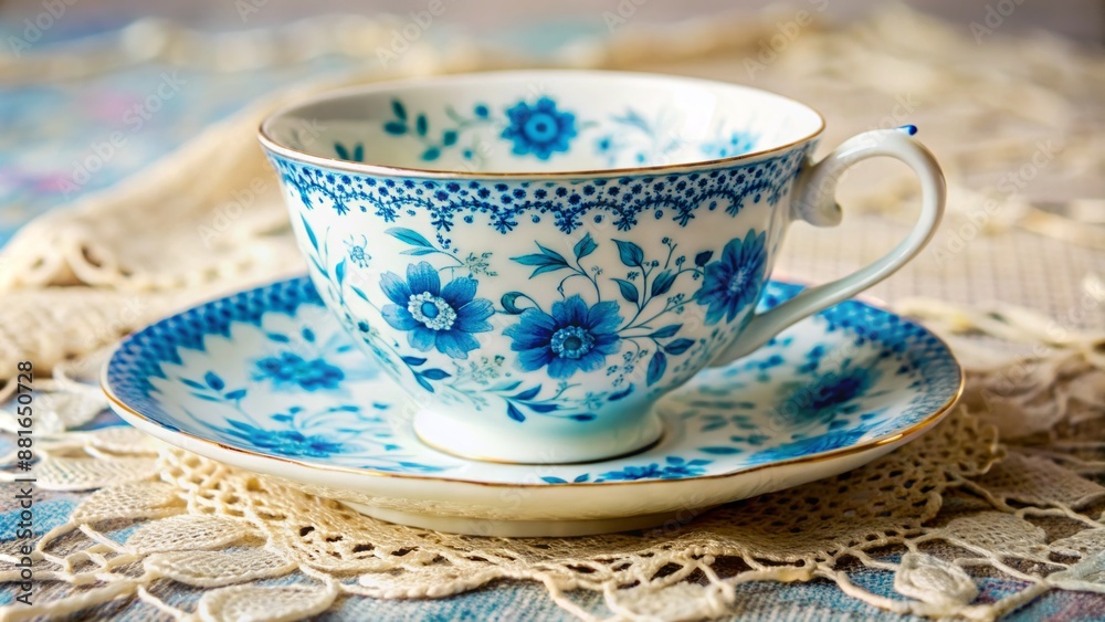 Delicate blue ceramic teacup adorned with vibrant blue florals and placed on a soft, creamy white vintage-inspired lace tablecloth. Delicate blue ceramic teacup adorned with vibrant blue florals and placed on a soft, creamy white vintage-inspired lace tablecloth.