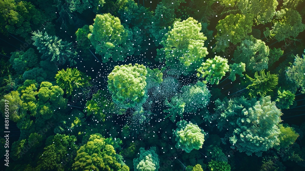 A thriving forest with a visual depiction of carbon dioxide being absorbed by the trees and oxygen molecules being released, emphasizing the goal of reducing CO2 emissions to achieve net zero. A thriving forest with a visual depiction of carbon dioxide being absorbed by the trees and oxygen molecules being released, emphasizing the goal of reducing CO2 emissions to achieve net zero.