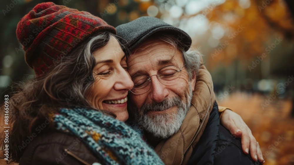 Fototapeta premium Imagine a warm, happy scene of a smiling couple enjoying the outdoors in autumn, surrounded by family and nature