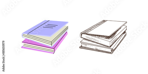 Hand drawn Illustration. Back to School. School essential illustration. Vintage and flat style vector textbooks sketch.
