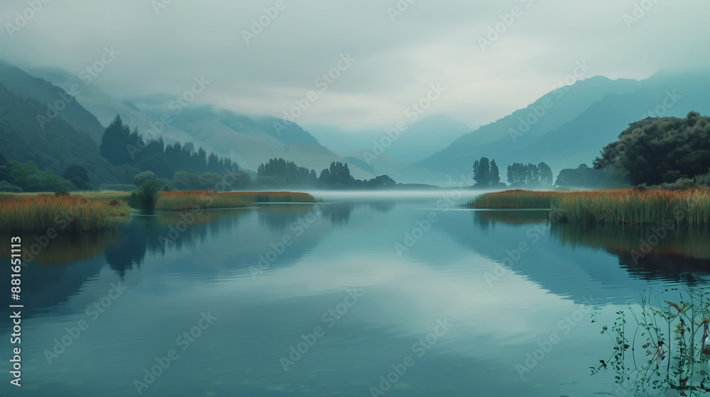 Obraz premium mist over lake landscape in the morning