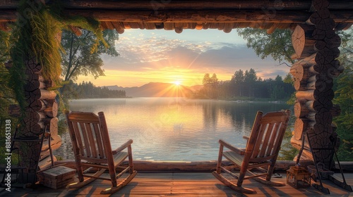 Breathtaking sunset view from a wooden lakeside cabin, featuring two rocking chairs facing the calm water
