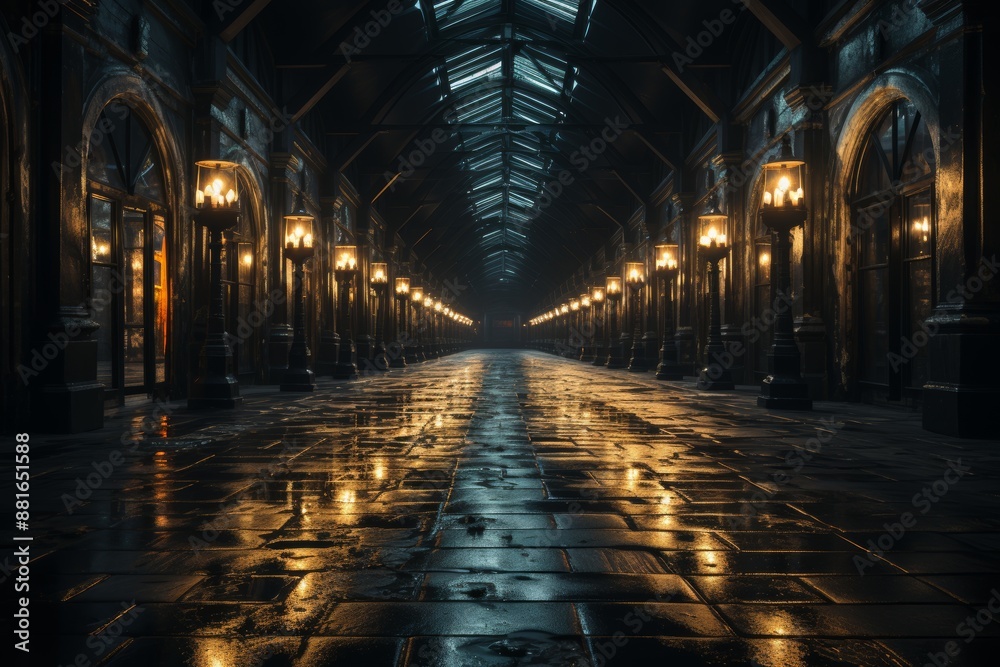 Endless corridor with closed doors leading to a glowing open door at the center emitting white light Endless corridor with closed doors leading to a glowing open door at the center emitting white light